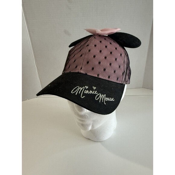 Disney Parks Pink Black Mesh Polka Dot Minnie Mouse Baseball Hat With Ears - Picture 1 of 10